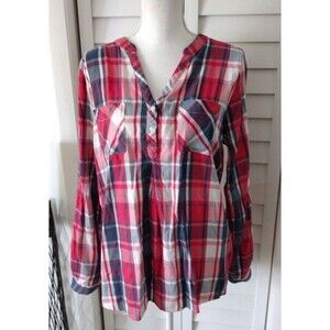 Weatherproof Vintage women's Red & Navy plaid roll tab sleeve pullover blouse XL